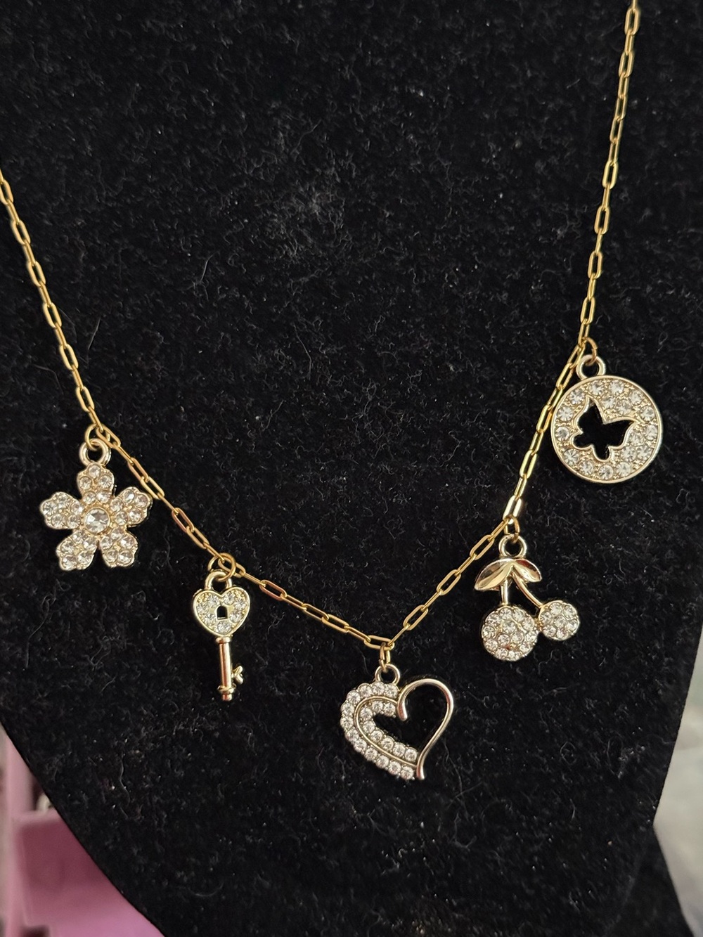 Gold-Tone Crystal Charm Necklace with Heart, Key & Cherry